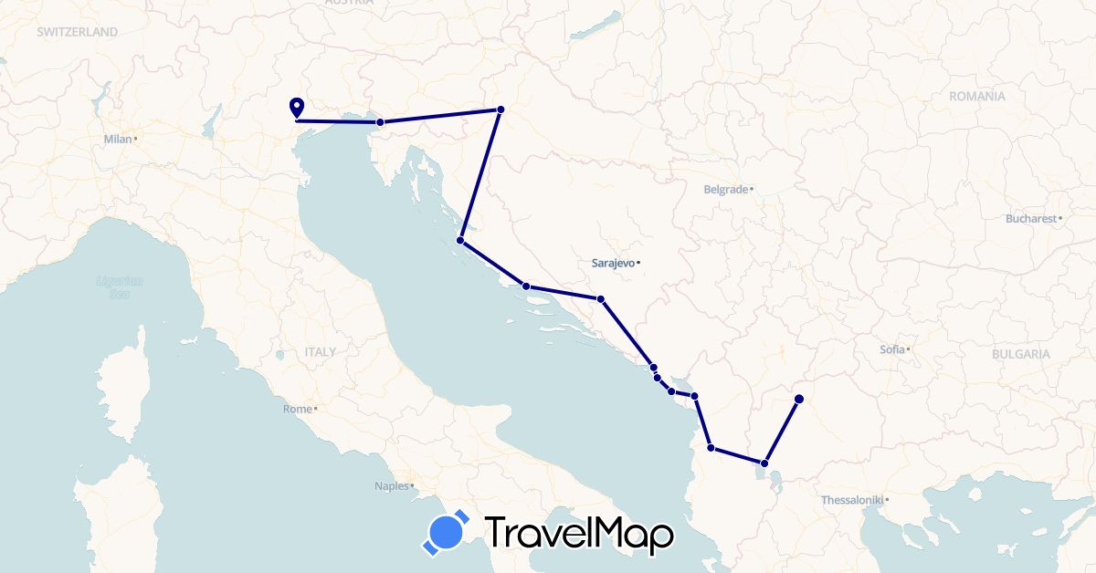 TravelMap itinerary: driving in Albania, Bosnia and Herzegovina, Croatia, Italy, Montenegro, Macedonia (Europe)